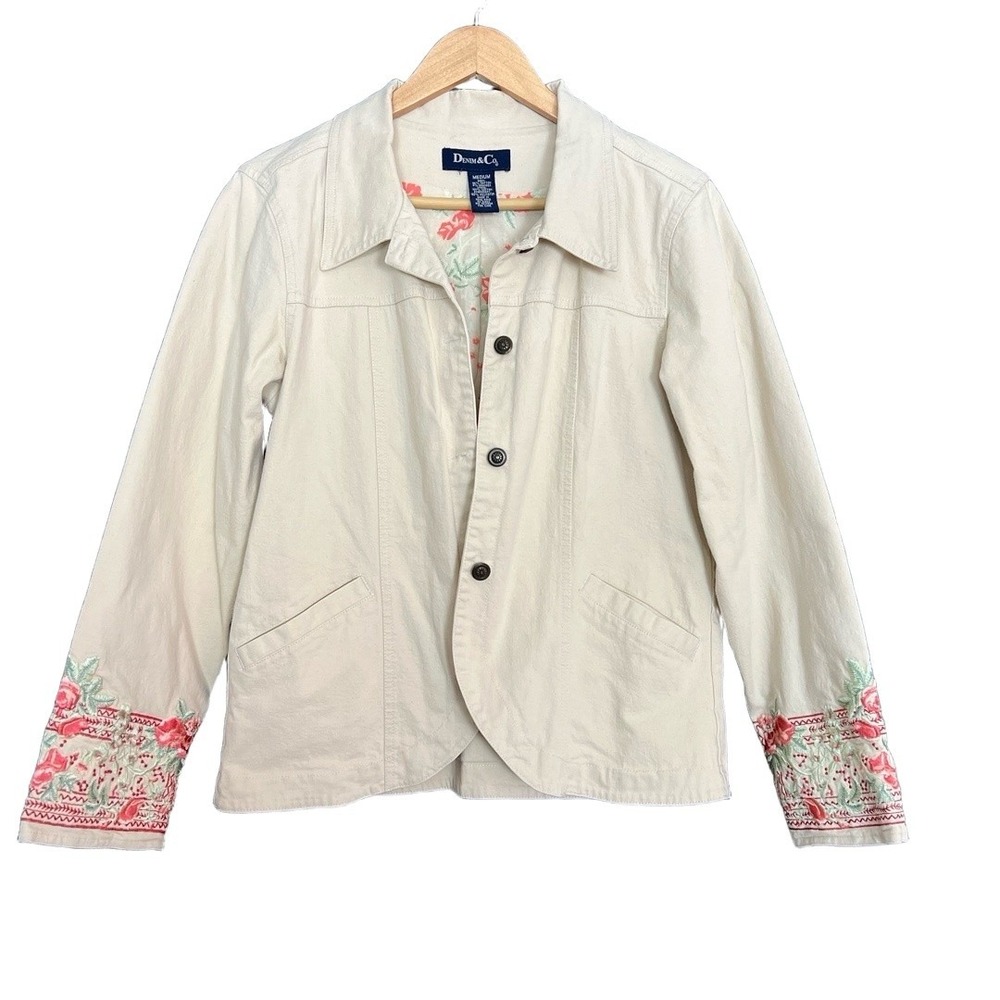 Denim & Co Jacket Medium Cream Embroidered Casual Coastal Cowgirl Rodeo Western - Picture 1 of 10